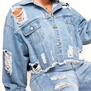 NEW💖Light Blue Washed Jean Jacket|Heavy Distressed|Ripped Hem| Oversized